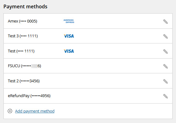 My Account Page showing saved payment methods